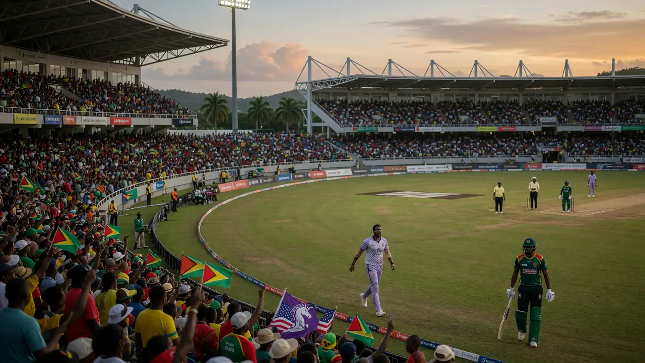 Wide night-time view of a floodlit cricket stadium with a packed crowd around a green outfield before a T20 final