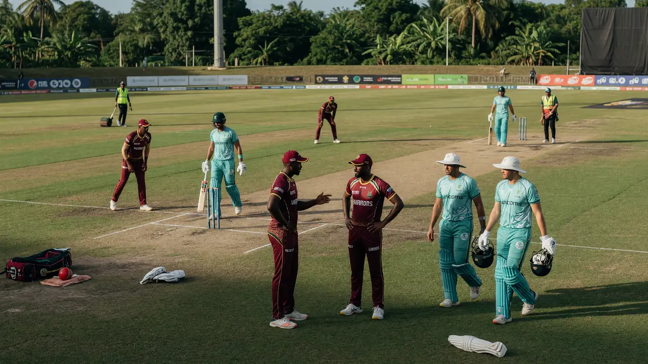 Medium tactical view of fielders and a bowler setting positions on a floodlit cricket field