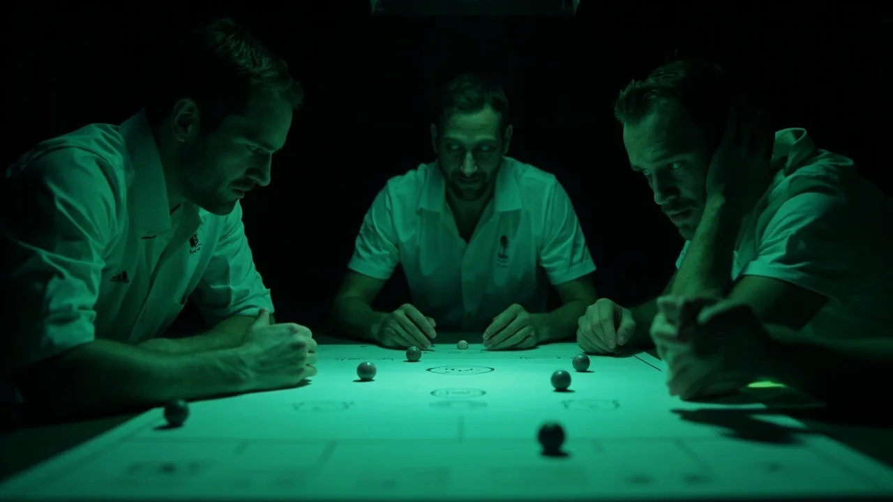 A small cricket strategy group around a dark table with plain team tokens