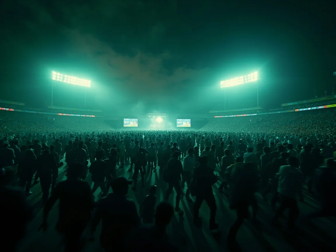 A large crowd entering an Indian cricket ground before a night match