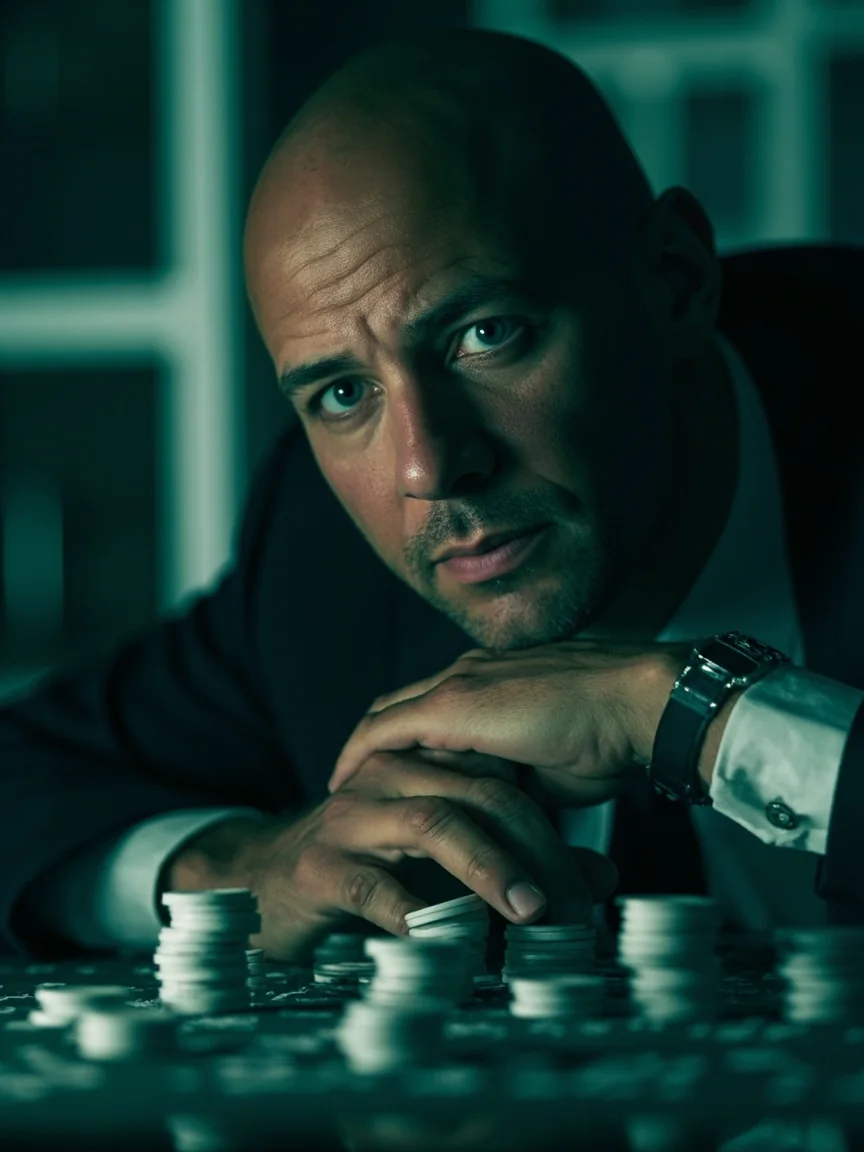 A thoughtful analyst balancing plain selection chips on a tactical board