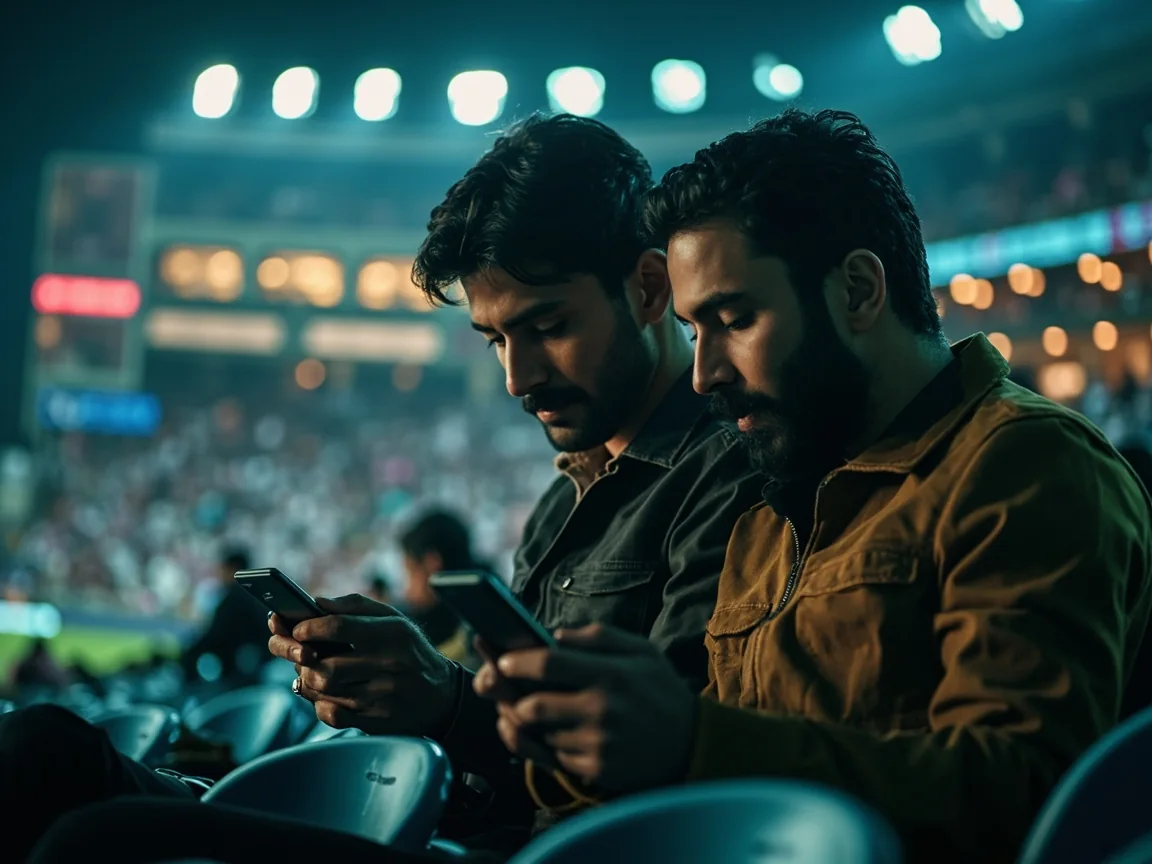 Two friends quietly comparing cricket selections in real stadium seats