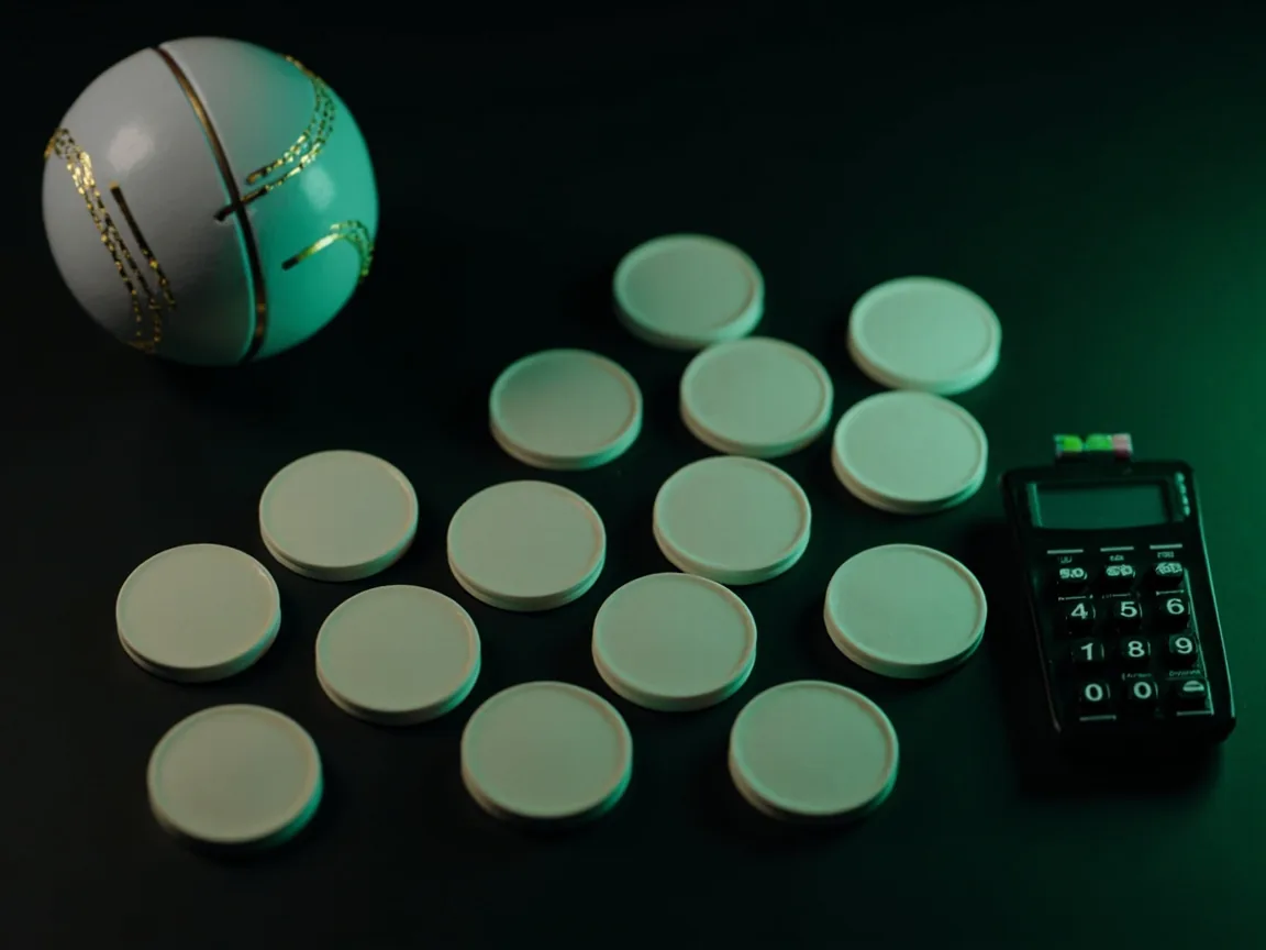 Eleven plain selection tokens, a cricket ball and calculator on a dark analyst desk