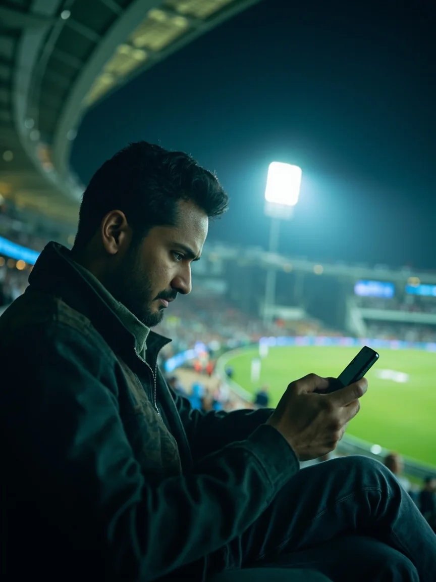An Indian cricket fan checking a phone with screen hidden while watching warmups