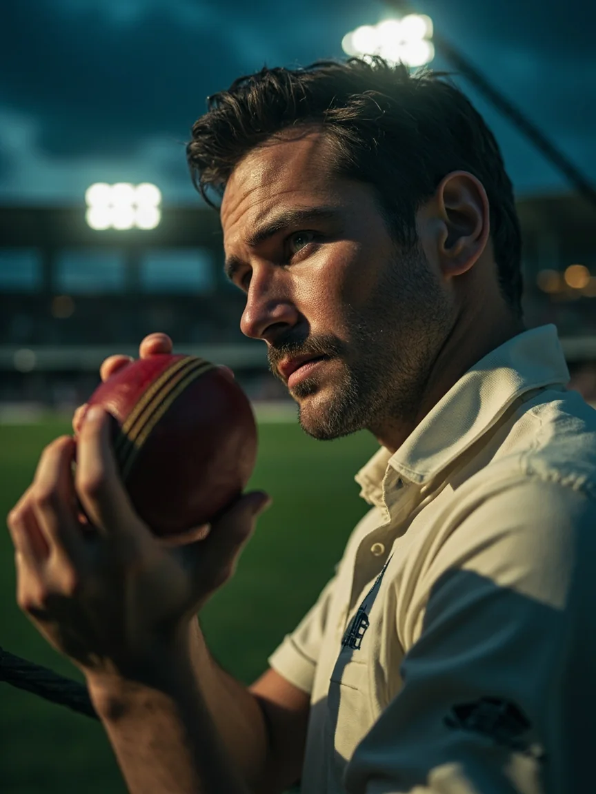 A thoughtful cricket captain holding a ball near the boundary before a night match