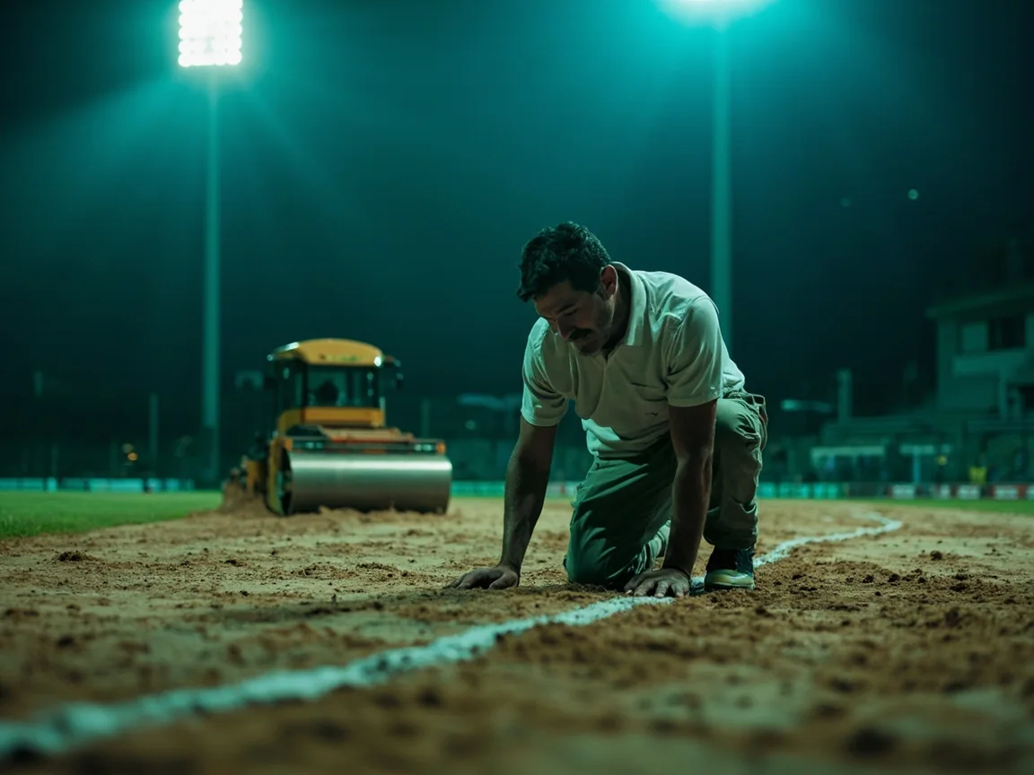 A groundskeeper inspecting a dry cricket pitch under early-evening floodlights