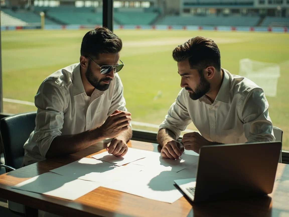 Two cricket analysts reviewing tactical cards beside a laptop in a pavilion environment