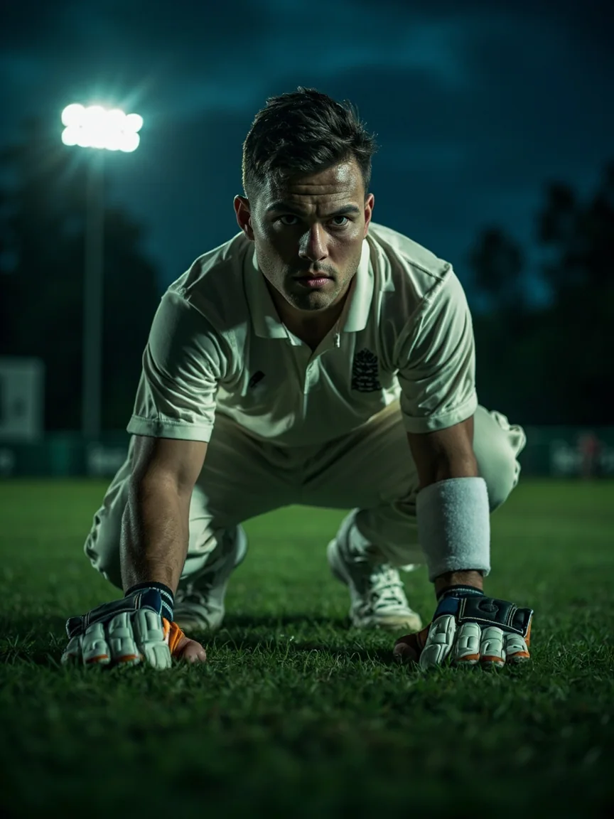 A wicketkeeper crouched in ready position during evening practice