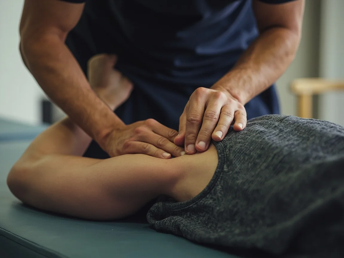 A sports physiotherapist assessing a cricketer's shoulder in a training room