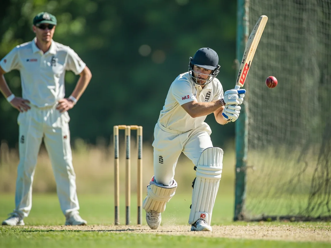 A batter playing a controlled net-session drive while a coach observes
