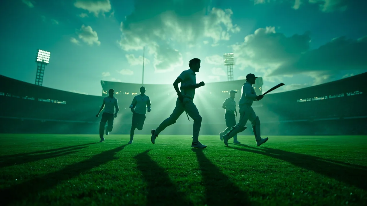 Cricket players warming up across a floodlit outfield before a match