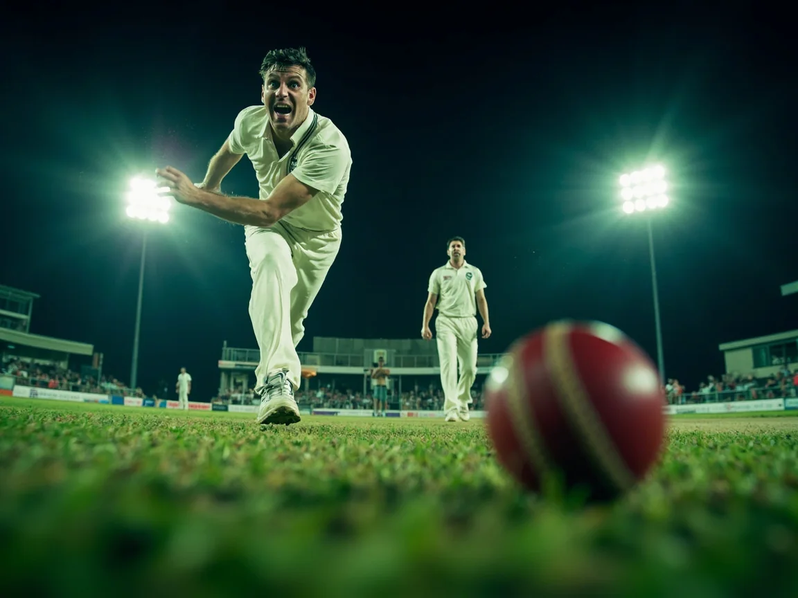 A fast bowler delivering to a batter during club-level night cricket
