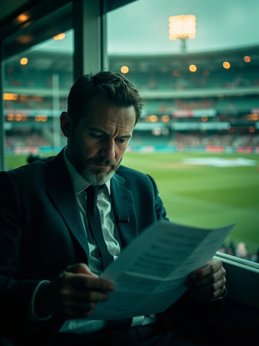 A cricket analyst calmly reviewing blank statistical sheets after a match