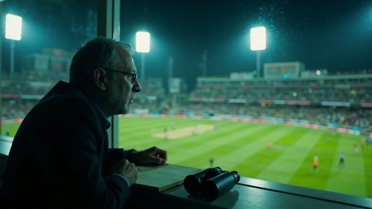 Cricket analyst watching a match from a glass-fronted media box