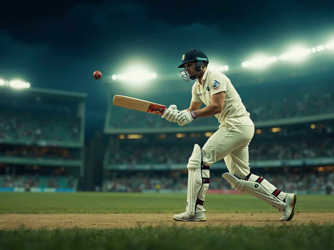 A batter completing a technically correct boundary stroke in a night match