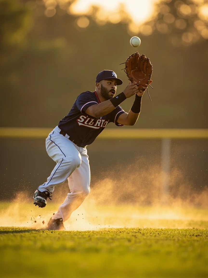 An outfielder safely completing a two-handed catch during practice