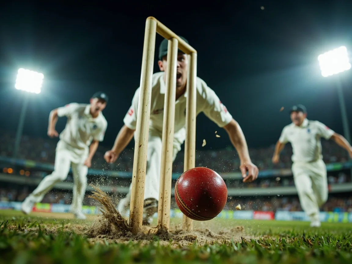 Stumps disturbed by a clean bowling delivery, ball and bails physically correct