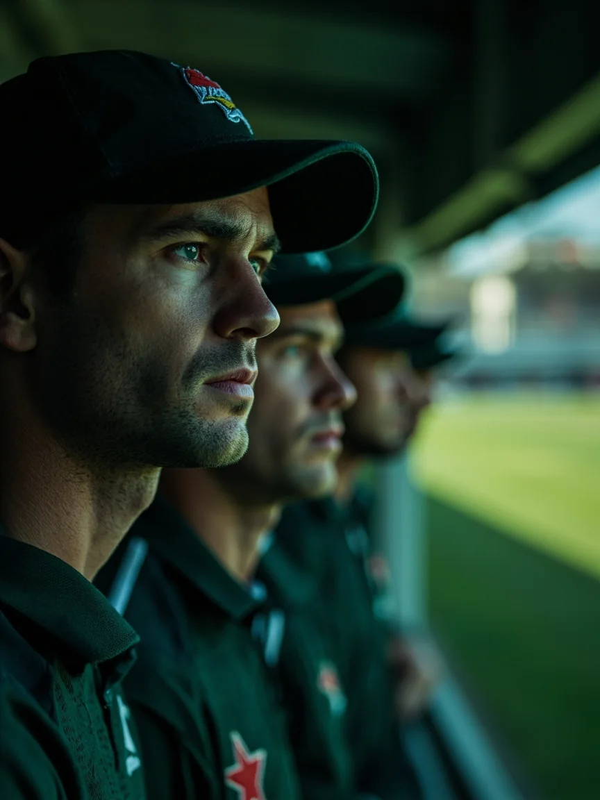 Reserve cricket players observing warmups from a shaded dugout