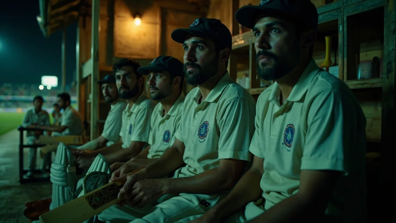 A diverse cricket squad gathering in a pavilion before a night match