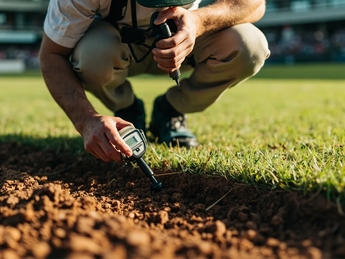 A grounds specialist measuring pitch moisture with professional equipment