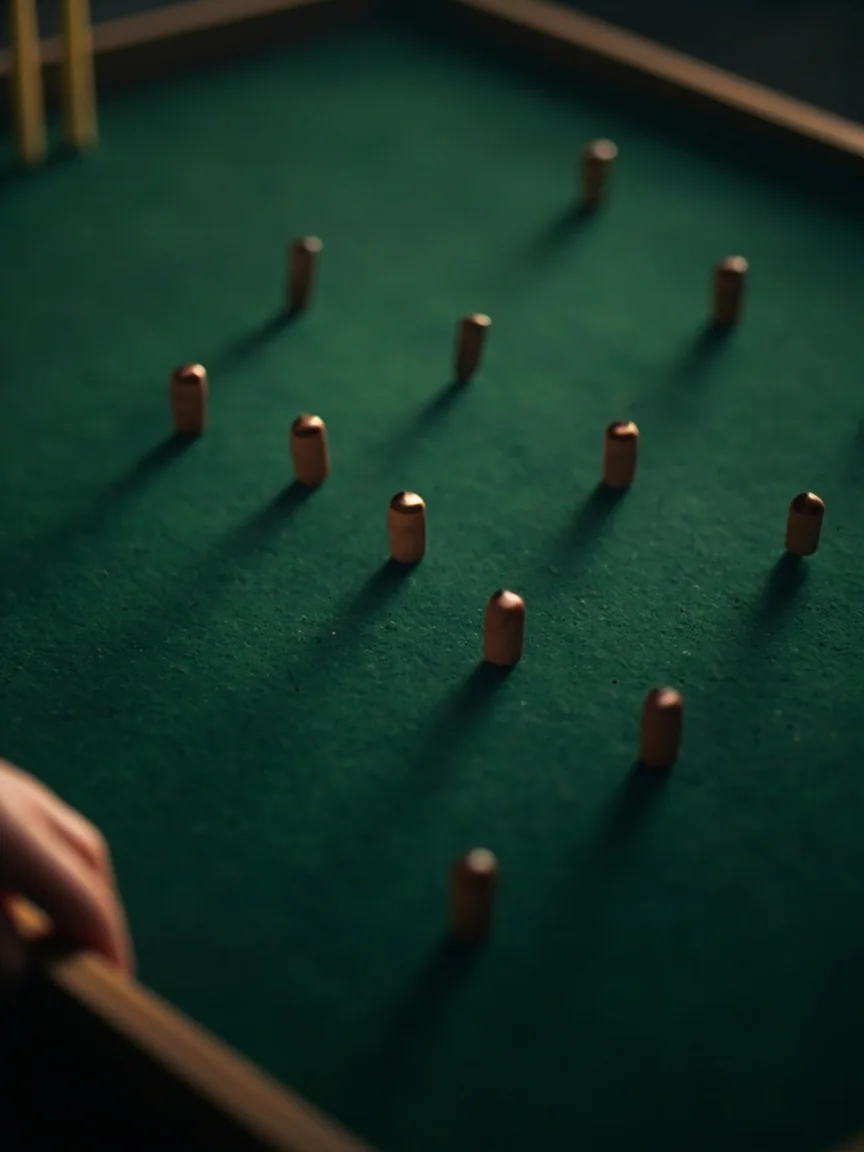 Eleven plain magnetic player markers arranged on an unlabelled cricket field board