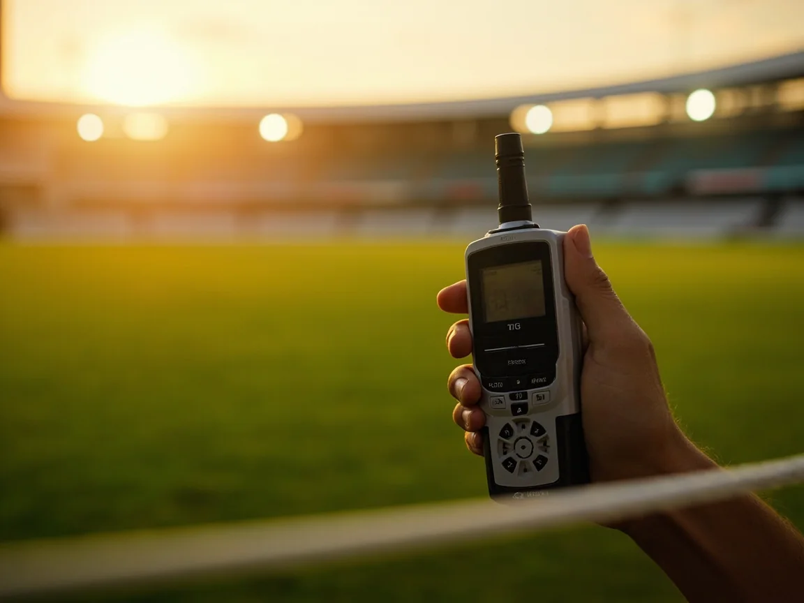 A handheld weather meter beside a cricket boundary before play