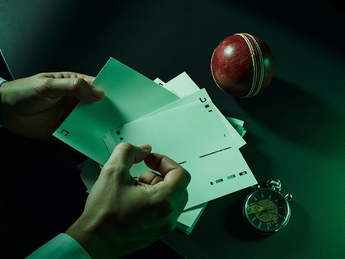 An analyst arranging color-coded fixture cards on a dark table beside a stopwatch and cricket ball