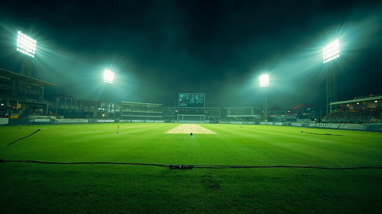 An empty Indian cricket stadium prepared for a tournament night