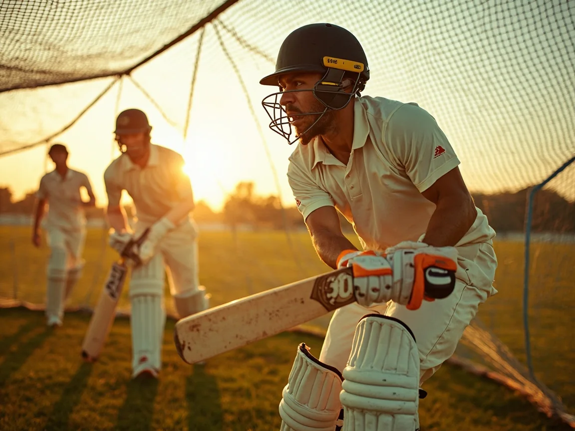 Cricket players rotating through outdoor practice nets before a tournament