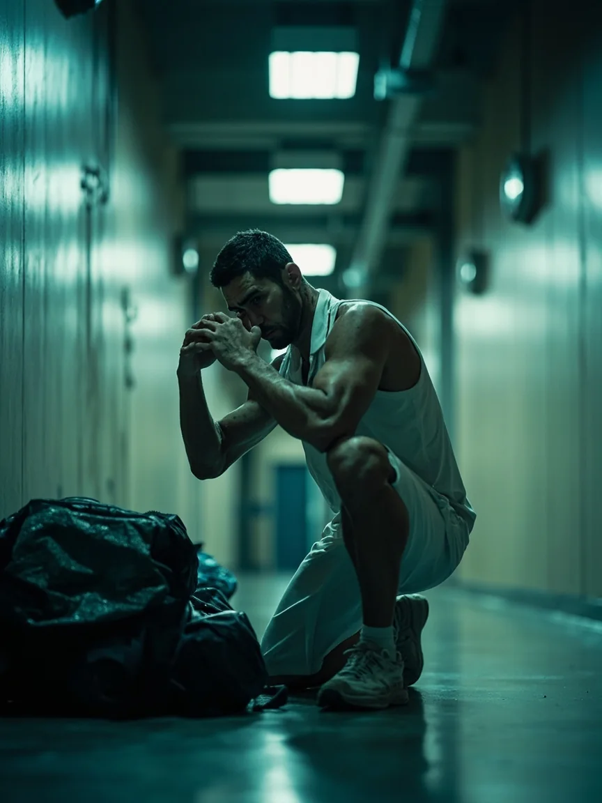 A tired professional cricket player stretching beside kit bags in a quiet stadium corridor